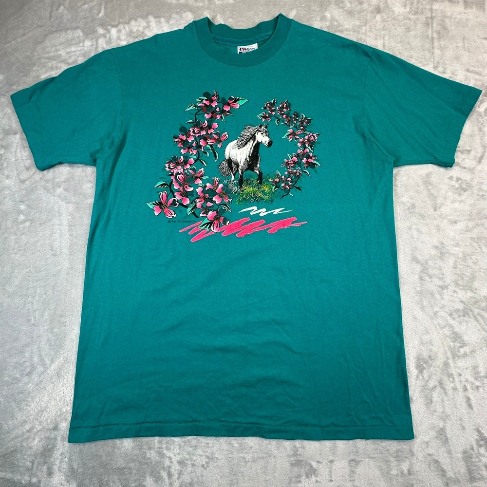 Hanes T-Shirt Mens XL Teal 1990 Grumbles Horse Floral Vintage Graphic Tee USA - Picture 1 of 8